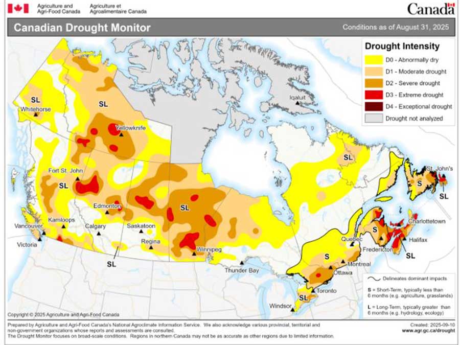 The Canadian Drought Monitor as of Aug. 31, 2025, shows almost all of Manitoba in varying degrees of drought, and much of the country suffering from abnormally dry conditions or drought