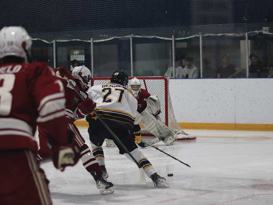 Stonewall Jets forward Mason Bernier fires home the opening goal of the 2025–26 season during the Jets’ 6–0 home-opener win over the Raiders Jr. Hockey Club on Oct. 2 at Veterans Memorial Sports Complex