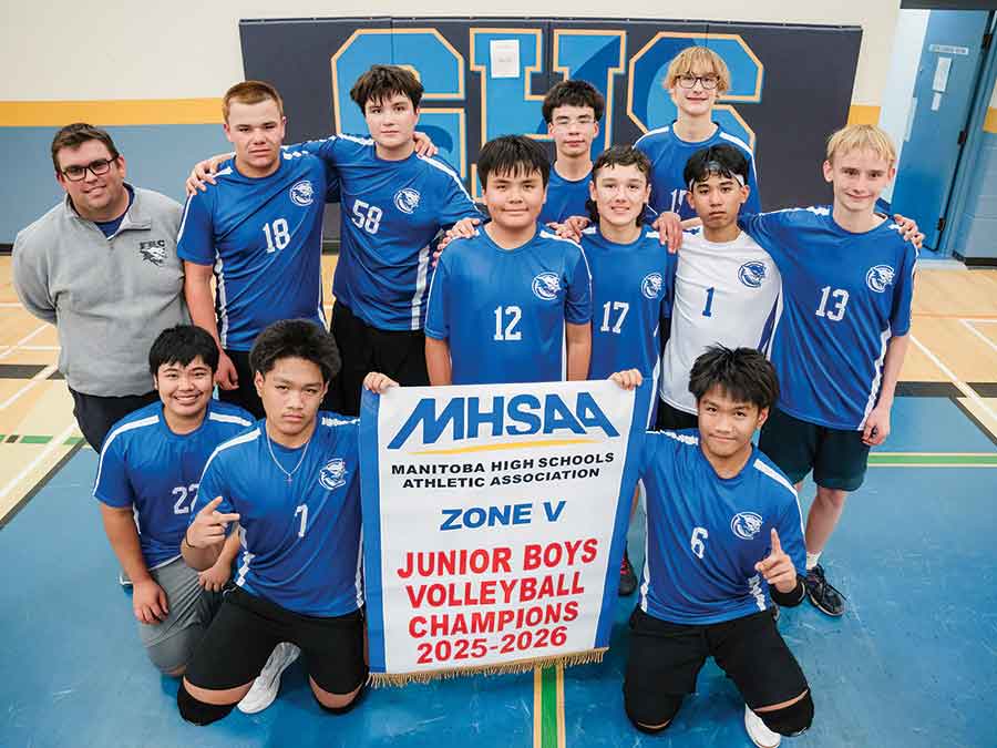 The Fisher Branch Cougars captured the Manitoba High Schools Athletic Association Zone V junior boys volleyball championship banner on Oct. 28. The Cougars defeated Warren in the semifinal and went on to top Arborg in the final to claim the title. Pictured left to right, back row: Nathan Lee (coach), Khristian Meilleur, Cody Malenchak, Gabe Stevenson, Colby Ledoux, Jared Vandersteen, Josh Freisen, Adrian Dela Cruz and Alex Freisen; front: Caleb Lumsac, Ren Sta. Ana and Ram Sta. Ana