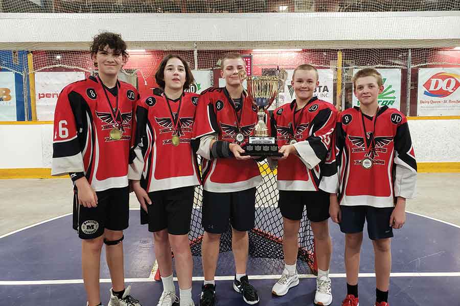 The Stony Mountain players who helped lead the North Winnipeg Falcons U15 team to a league championship. Left to right: Layne Vandersteen, Cooper VanDeSype, Greg Panchuk, Dreydon Greig-Mills and Bradon Brennan