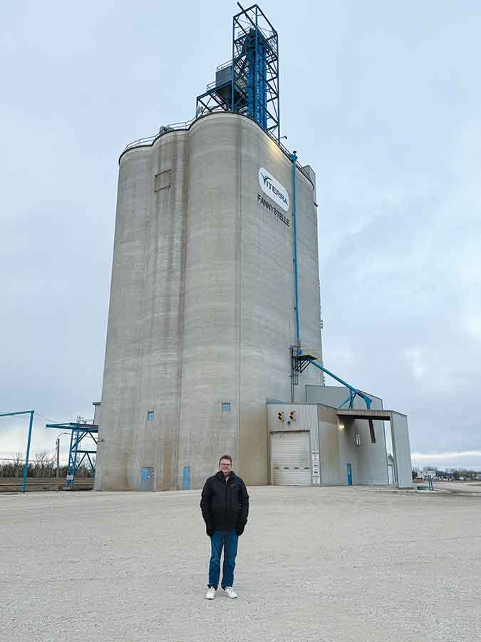 Ryan McKnight, president and merchandising manager of Linear Grain Inc., at the Fannystelle grain elevator following the company’s Nov. 5 purchase from Bunge