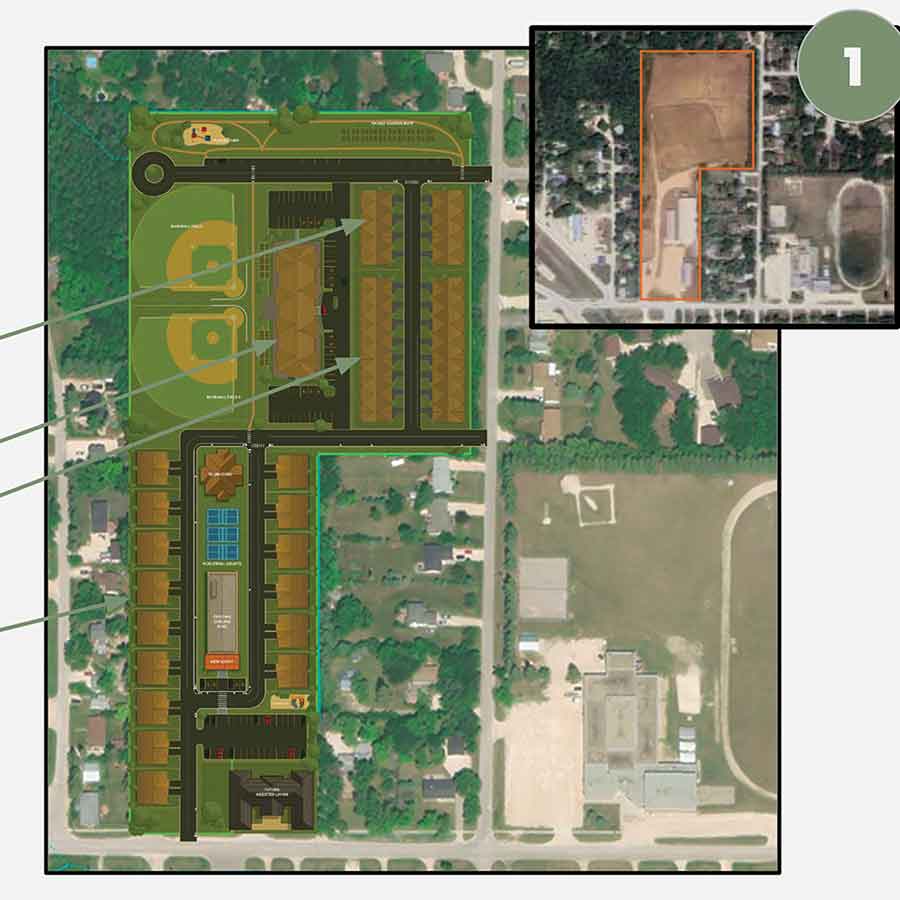 The MacDonald site concept includes duplexes, four-plexes and a 31-unit seniors’ building, along with upgraded recreation amenities such as new ball diamonds, walking paths and garden areas