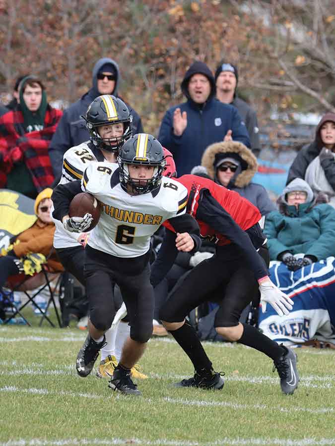 Mario LaPierre of Fraserwood runs the ball upfield during Sunday’s RMFL championship game. LaPierre contributed on both offence and special teams