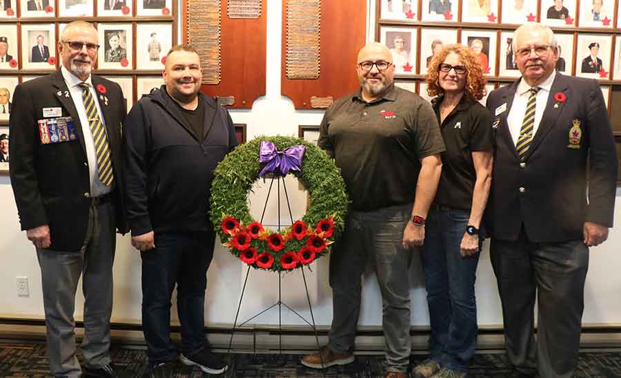 Videographers Nathan Knight (second from left) and Steve Hiebert (third from left) with Legion members (from left) Bob Frost, Tammy Petkau, and Larry Davidson at the viewing of their 360-degree tour of Confederation Park