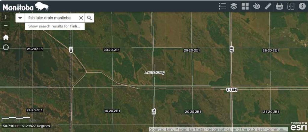 The Fish Lake Drain runs east along Road 118 in the RM of Armstrong. It floods landowners near the junction of Road 118 and Road 8, a few miles west of Highway 7