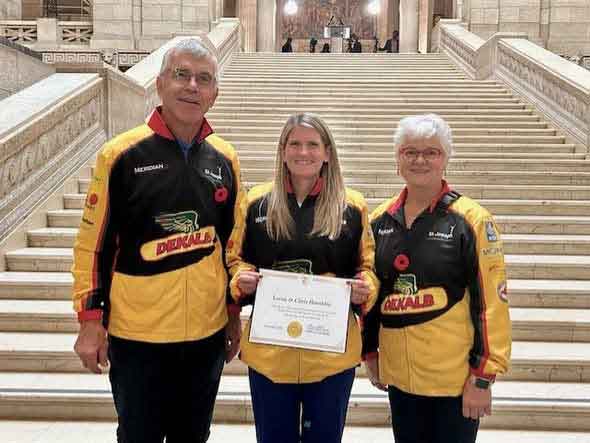 Chris and Lorne Hamblin were honoured by Midland MLA Lauren Stone (centre) at the Manitoba Legislature this month for their dedication to the sport of curling