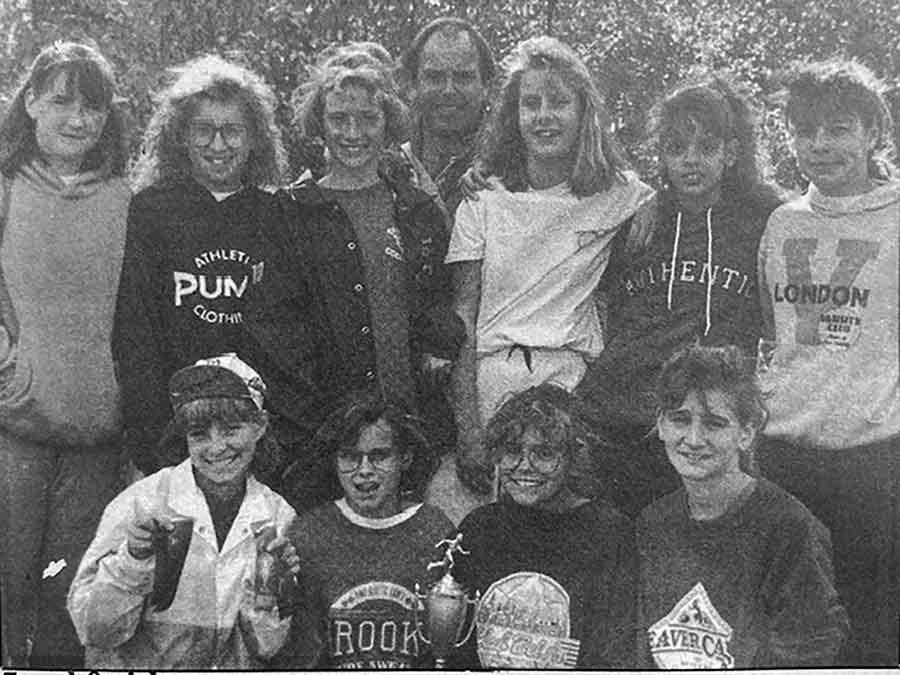 Grades 7 and 8 Girls – First Place Back row, left to right: Erin Coates, Tara Phillips, Melissa Funke, Coach Malcolm Jones, Allison Wieler, Melissa Bernert, Angie Van Wyck; front row: Delaney Miller, Becky Toews, Cara Sandulak, Stacey Labossiere. Missing: Trainer Bill McLetiak