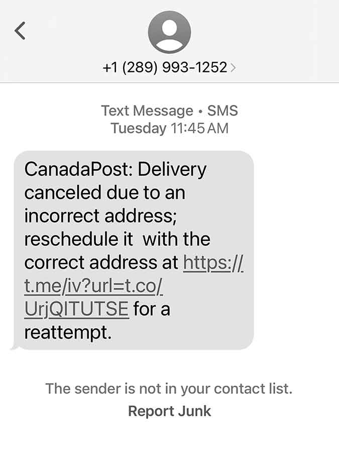 A screenshot of an unsolicited text sent to an Express Weekly News cellphone, saying a package can’t be delivered until someone clicks on the embedded link and provides an address. The text is likely a scam