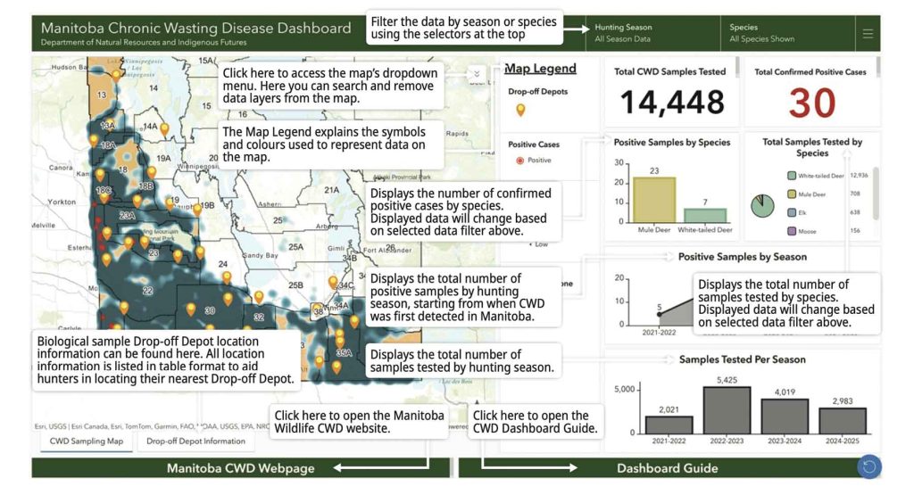 The Chronic Wasting Disease Dashboard map is hosted on the province’s natural resources/wildlife webpage