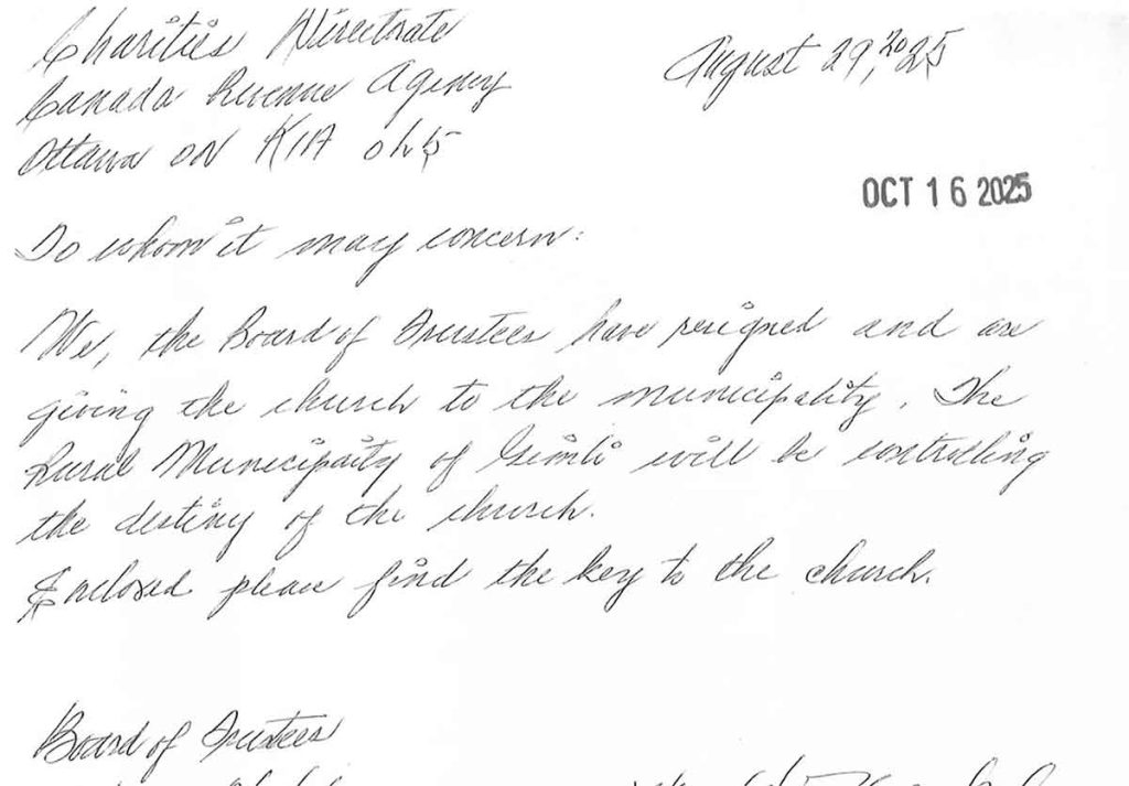 The board of the Arnes Lutheran Pioneer Memorial Church resigned in August with a letter to Revenue Canada