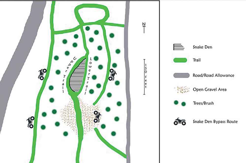 Roberta Olenick’s proposal to put barricades at a garter snake den to protect snakes in the spring and fall would not impact off-road vehicles as they can drive on the already available alternative trails (bypass routes) she has outlined above