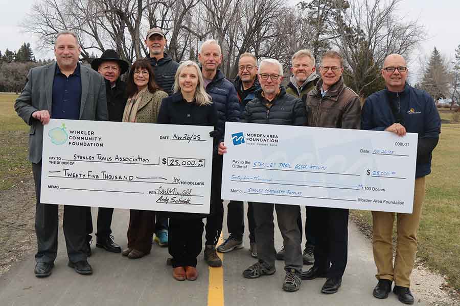 Reps from the Winkler Community Foundation and the Morden Area Foundation presented the Stanley pathway project with a combined donation of $50,000 last week, matching funds raised in recent months
