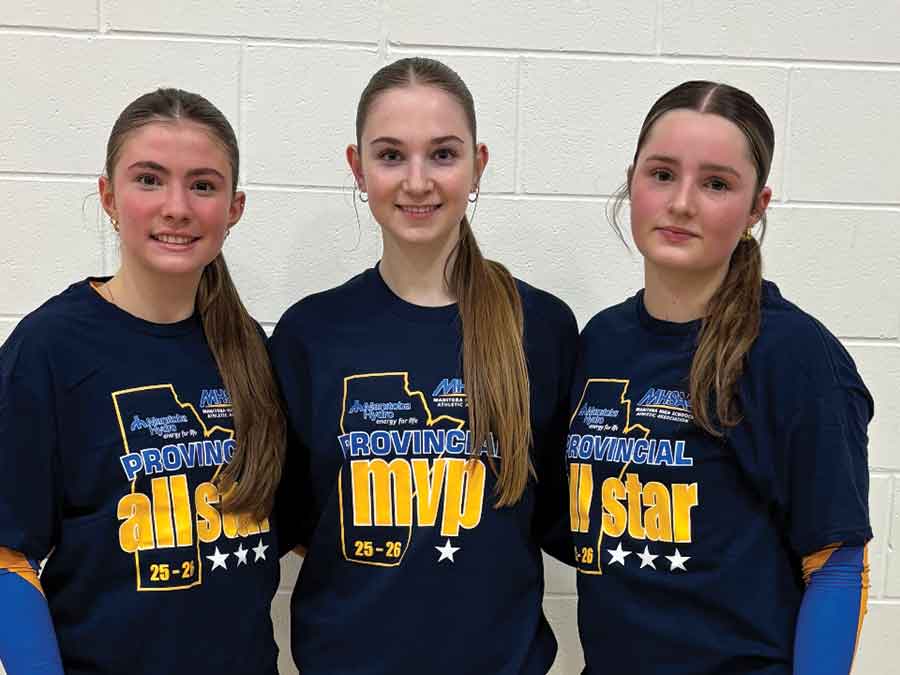 Warren Wildcats all-stars Torie Galbraith, left, and Paige Seidel, right, along with tournament MVP Julia Oliver, were recognized for their outstanding play at the 2025 Provincial AA Girls Volleyball Championship