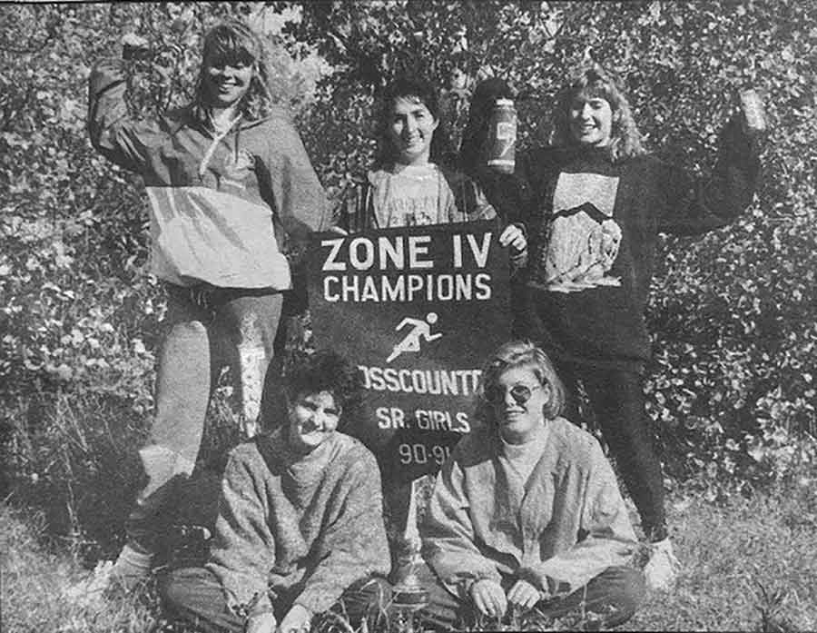 Senior Girls – First Place Back row, left to right: Heather McKibbin, Nerissa Dyck, Kendra Kuhl; front row: Cenia Wedemeyer, Anna Andren. Missing: Marsha Bell, Coaches Marsh Kennedy and Lyle Myers, and Trainer Bill McLetiak
