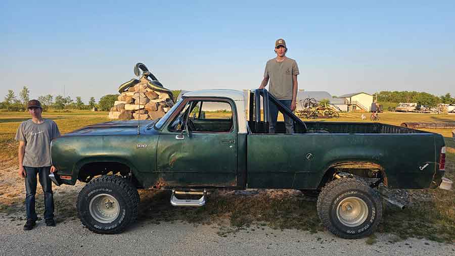 The truck now has a four-inch lift, 33-inch tires and a roll bar to give it that 1980s look. They’ll drive it like this for a year or two before they finish the body work and paint it