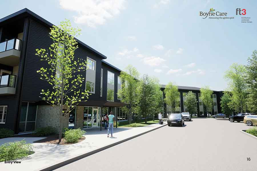An exterior rendering shows the planned Boyne Assisted Living residence in Carman, a 50-unit, three-storey building that will be connected to Boyne Lodge. Construction is scheduled to begin in spring 2026.