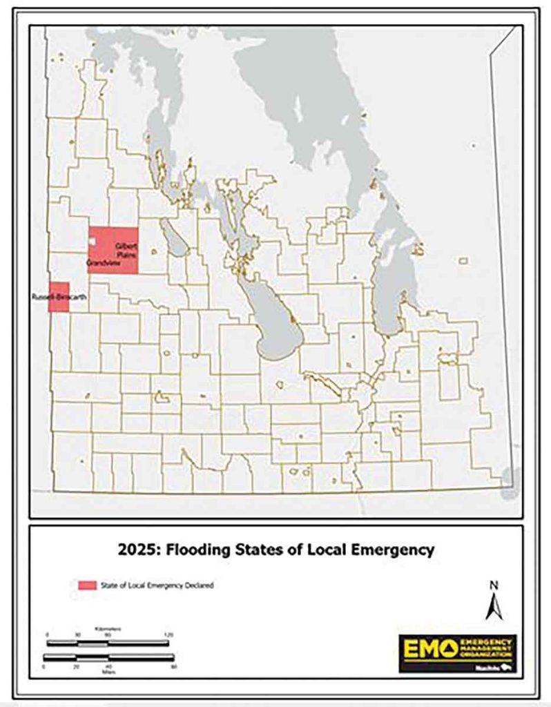 Manitoba EMO’s flood update of April 16 shows no flooding emergencies in the Interlake. Grandview, Gilbert Plains and Russell-Binscarth in western Manitoba have declared flooding states of local emergency