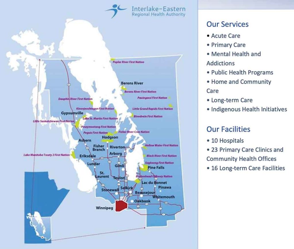 The Interlake-Eastern RHA has 10 hospitals, 23 primary care clinics and 16 long-term care facilities that serve a population of close to 140,000