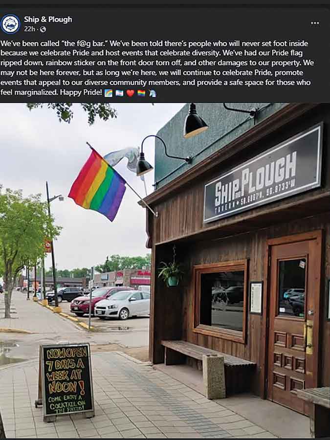 The Ship & Plough posted a message on Facebook saying it will continue to advocate for Pride and offer a safe space for the marginalized
