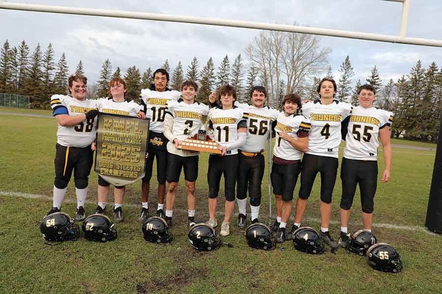 Graduating grade 12 players, left to right, Teagan Peterson, Jake Rogoski, Jessie Batenchuk, Dylan Maclean, Jamie Dandeneau, Jakob Samborski, AJ Nadon, Tyler Yourchenko and Cooper Ponton