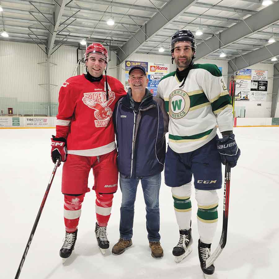 Rene Hamonic wasn’t sure who he would be cheering for when his two sons laced up their skates to battle it out on opposing teams for the first time in a South Eastern Manitoba Hockey League game in Warren on Jan. 23. Connor Hamonic, a 29-year-old defenceman has been playing for the Notre Dame Hawks since 2021 and before that played for the University of Wisconsin and the Winkler Flyers in the Manitoba Junior Hockey League. His brother Justin Hamonic, 31, also a defenceman recently joined the Warren Mercs after playing across Europe for the past eight years and various North American leagues prior to that. Justin’s team emerged victorious with a score of 7-5. He picked up an assist at the end of the third period as teammate Drake Lindsay scored an empty net goal. Pictured left to right: Connor Hamonic, Rene Hamonic and Justin Hamonic