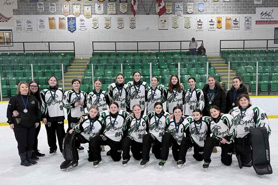 The U14AA BVRA Angels captured the silver medal in the U16A Division at the 2026 Rings of Steel Tournament after a 6–5 loss to the St. James Boom in the gold medal game on Jan. 11 at Selkirk Recreation Complex. Pictured left to right, back row: Marissa Kubic, River Spencer, Sarah Courchaine, Sarah Podaima, Juliette Colvine, Emily Farkas, Maranda Kubic and Mackenzie DeKlerck; Front row, Piper Montgomery (goaltender), Marley Tait, Clara Butterworth, Matea Morgadinho, Rhea Heise, Rowan Krawchuk, Emily Dunford and goaltender Emily Kearney. Coaches Deana Cayer, Nicole Vanbrink, Sophie Farkas and Bryn Krawchuk. Missing from the photo, goaltending coach Julianna McIntryre