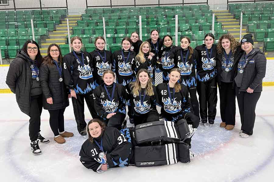 The U14A Interlake Ignite captured silver in the U16B Division at the 2026 Rings of Steel Tournament, hosted by the Interlake Ringette Association from Jan. 9–11 at the Selkirk Recreation Complex. The Ignite finished the tournament with a 2-1-1-0-0 record, with their lone loss coming in the gold-medal game against the BVRA Blaze U14A. Pictured left to right, back row: Tracy (coach), Jackie (coach), Quinn P., Elizabeth, Mallory, Ellasyn, Brianne, Heidi, Adriel, Quinn G., Eden, Olivia (coach), Shereise (coach); Front row: Kirby, Michelle, Alayna and goaltender Sara