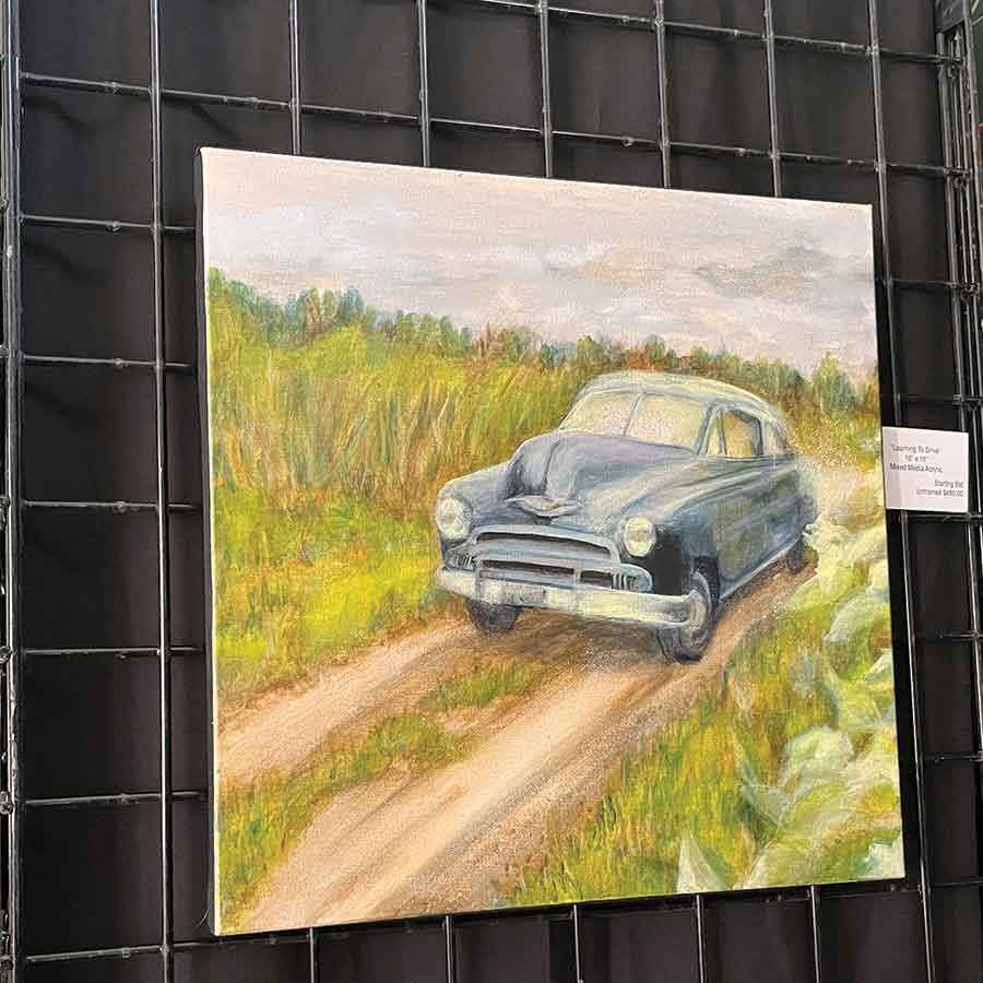 Each piece in McGill’s collection was inspired by her genealogical research. This one is titled Learning to Drive