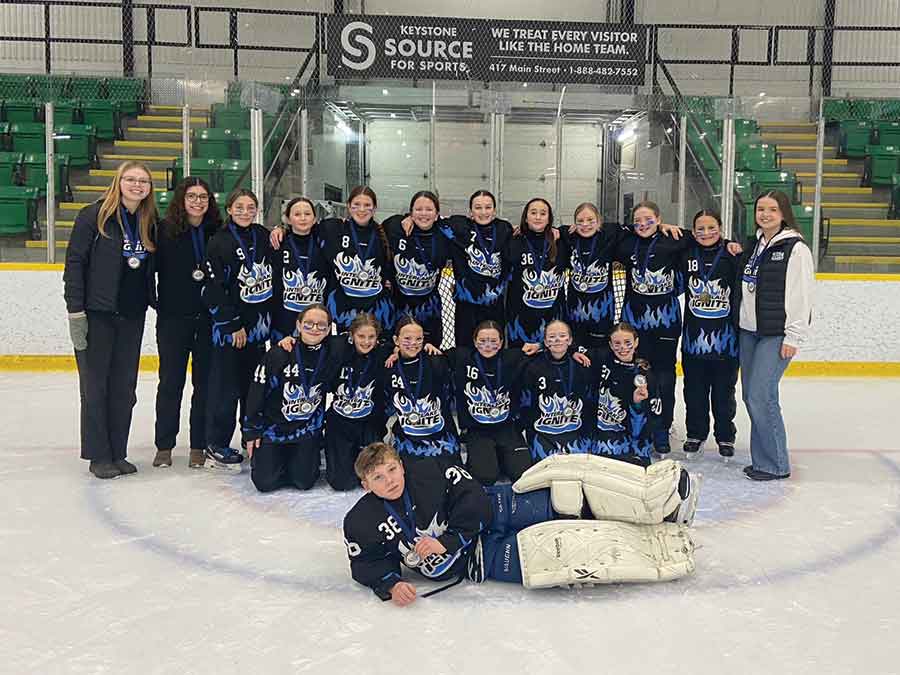 The U12A Interlake Ignite defeated the NWRA Stars U14, 7-1, in the gold medal game of the 2026 Rings of Steel Tournament on Jan. 11 at Selkirk Recreation Complex. Pictured left to right, back row: Sara Fissel (coach), Sydney Ostermann (coach), Hailey Swift, Aubrey Hurton, Leighton Brokopiw, Lily Suderman, Alicia Wozny, Avery Alberg, Karly Penner, Addison Bullen, Isabella Cychowski, Kylie Fissel (coach); Front row, Olivia Cychowski, Seraphina Schmidt, Riley Brickwood, Maisie Kett, Charlie Obirek, Jaelyn Brookes; goaltender Declan Bush