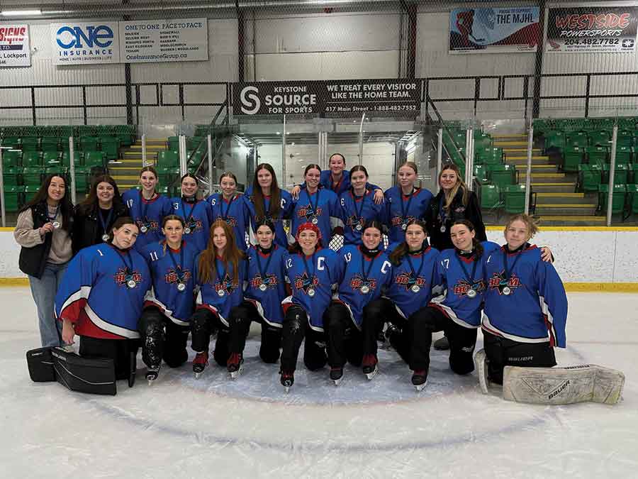 The U14AA BVRA Angels earned the silver medal after a 6–5 loss to the U16A St. James Boom in the U16A Division gold medal game on Jan. 11 at Selkirk Recreation Complex. Interlake players Maranda and Marissa Kubic are members of the Angels. Pictured left to right, back row: coaches Madison McIvor and Taylor Clegg, Chelsea Ervick, Eden MacKenzie, Katie Hamm, Olivia Miller-Biggs, Jordyn Leferink, Chloe Resch, Josie Miller-Biggs, Charlotte Montgomery and coach Brynn Herman; Front row, Eastyn Beach, Brooklyn Main, Maya Lafond, Maggie Houser, Lydia Singh, Cameron Pethybridge, Maelle van Lankvelt, Grace MacKenzie and Elizabeth Guthrie
