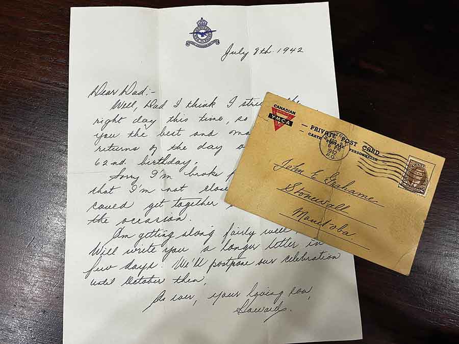 A handwritten letter from John Howard Grahame to his father in 1942 is among the personal artifacts featured in A Small Town’s Sacrifices: Stonewall in World War II. Grahame, a Stonewall native who served overseas during the Second World War. His letter, along with his medals and diary loaned by family, helps bring local wartime stories to life at the Heritage Arts Centre exhibit