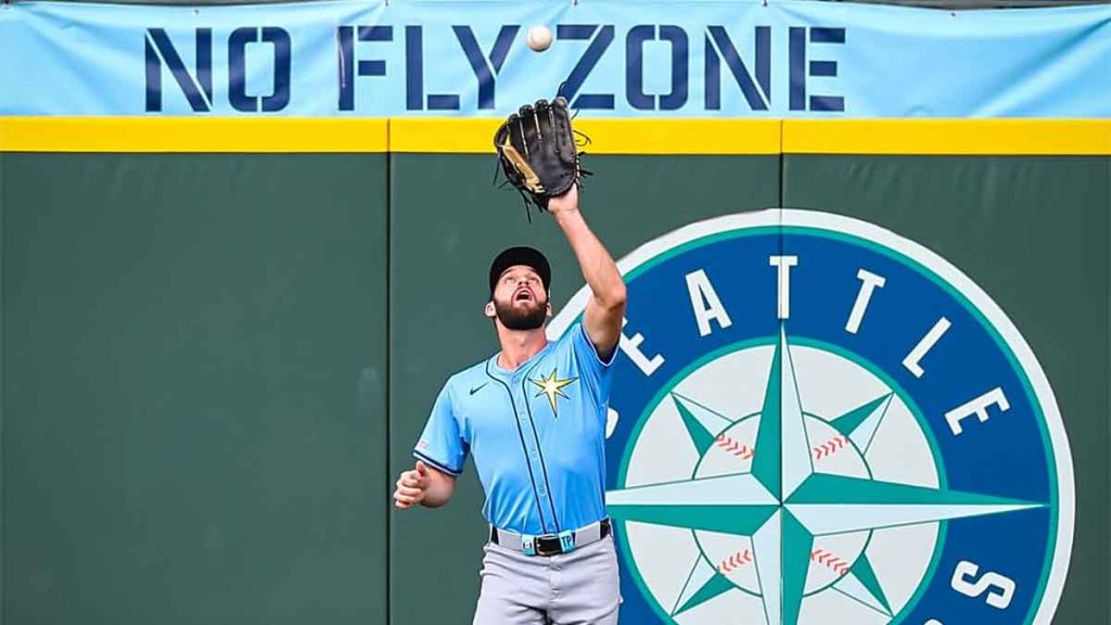 Tristan Peters of Winkler makes a catch in the outfield during his first games with the Tampa Bay Rays. The 25-year-old outfielder became just the fifth Manitoban to reach Major League Baseball earlier this month