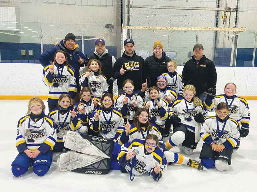 The Stonewall Blues U11A3 defeated the Springfield Ice Hawks 2–0 to win the Stonewall tournament final on Jan. 18. Pictured from left, back row: Kevin Donovan (assistant coach), Jason Howardson (assistant coach), Chris Robinson (head coach), Megan Stratchan (assistant coach) and Jordan King (assistant coach). Middle row: Abigail Donovan, Brooklyn King, Nixon Sheasgreen, Alessandra Howardson, Ryleigh Elskamp, Lyla Woycheshen and Odea Hogg. Front row: Abigail Palumbo, Bayley Harrison, Harley Morrish, Ava Yurick, Natalie Peleshaty, Ellie Binder-Stratchan and Brinley Erickson. Goaltender: Danika Robinson