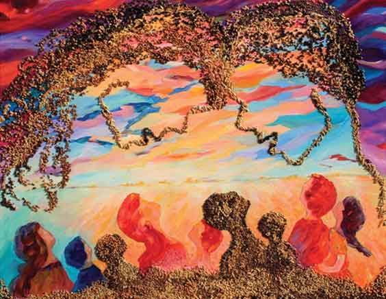 One of Naomi Gerrard’s featured works, Feeding the World, reflects the interconnectedness of people, land and harvest, honouring the prairie grains that sustain communities locally and globally