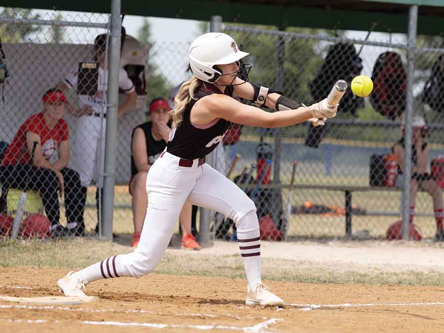 Peyton Rinn lays down a perfect bunt to advance the runner during Central Energy’s 3-1 win over the Smitty’s Terminators on July 17