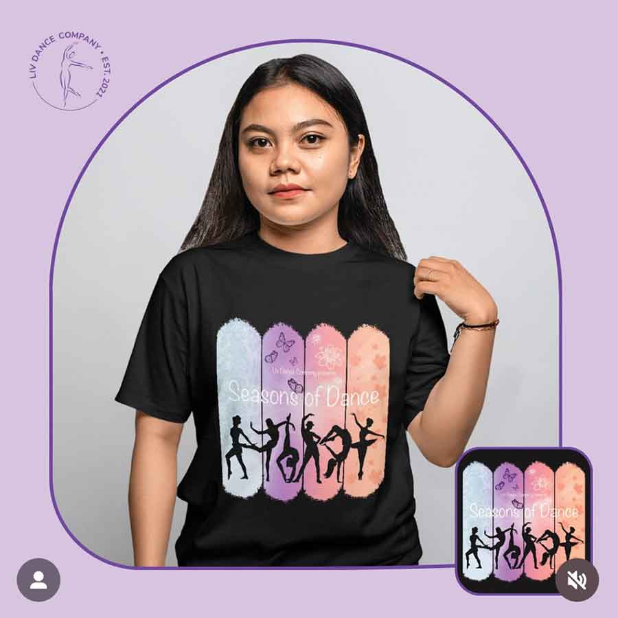 Christal of @christaldl_designs created the custom “Seasons of Dance” T-shirt design for this year’s Liv Dance Company recital, featuring the show’s theme on the front and names of all the dancers on the back
