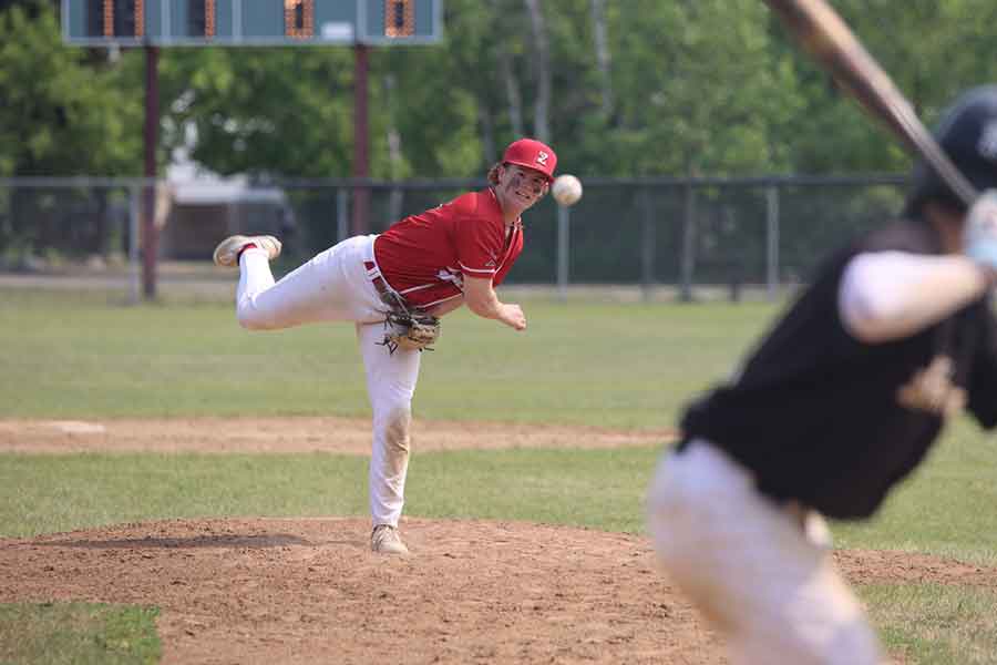 Garden Valley Collegiate’s Haiden Friesen fires one across the plate in the Zodiacs’ 4-3 loss to the Steinbach Sabres May 31
