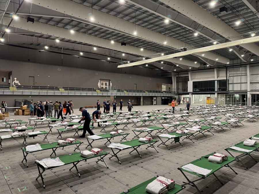 The field hall at the Meridian Exhibition Centre in Winkler has been transformed into an evacuation centre for those fleeing the wildfires in northern Manitoba