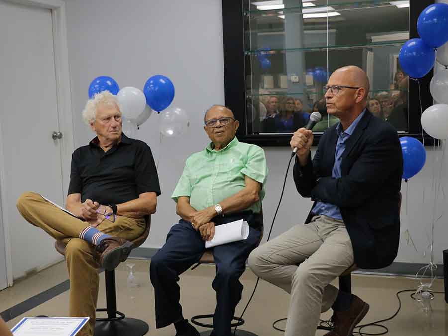 Drs. Don Klassen, V.C. Chandy, and Cornelius Woelk shared memories of Dr. C.W. Wiebe at the ceremony honouring the 100th anniversary of his practice