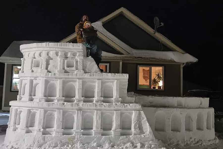 LeSage’s snow sculpture of the Colosseum, the iconic ancient amphitheatre in Rome, Italy, is one of several international landmarks he has recreated