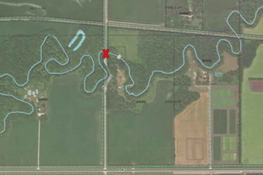 A map shared by the RM of Dufferin shows the location of the McEachern Bridge replacement on Road 22W north of PTH 3, marked with a red “X.” Construction began Feb. 23, with the new bridge expected to open by late May to mid-June, weather permitting