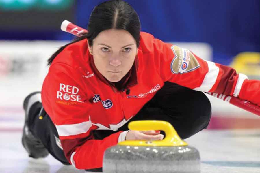 Canada’s skip Kerri Einarson delivers a stone during the Scotties Tournament of Hearts in Mississauga, Ont. Einarson was named a second-team all-star at skip following consistent round-robin play