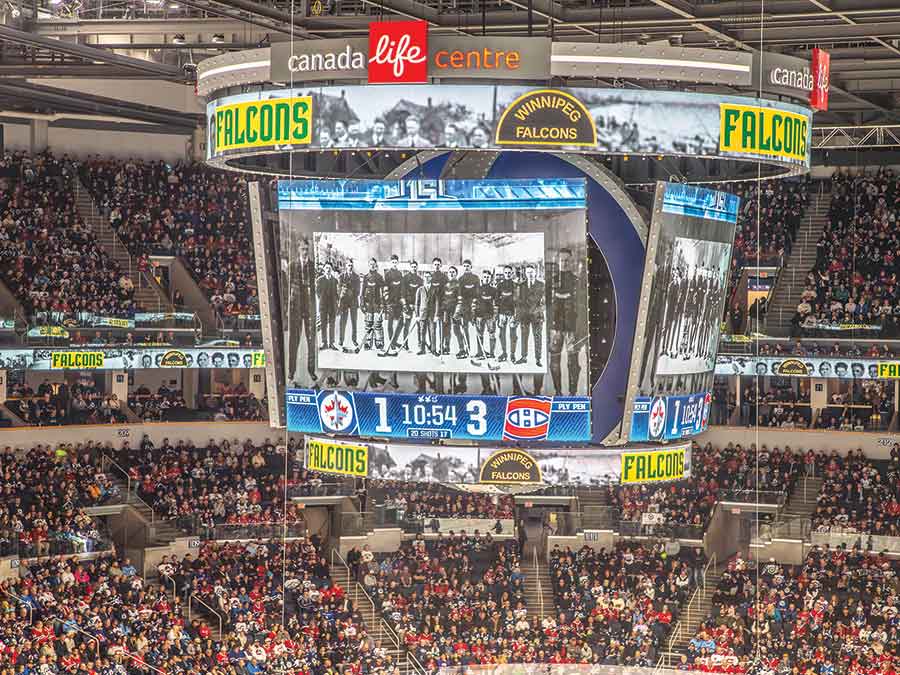 The 1920 Winnipeg Falcons hockey team received a video tribute during the Winnipeg Jets vs Montreal Canadiens game