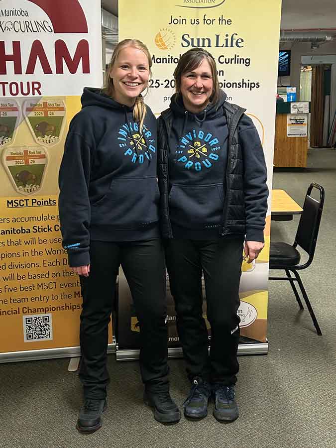 Elm Creek stick curlers Helena Borst, left, and Sherri Bergen were named the women’s division champions of the Western Manitoba Stick Curling Tour. They will compete at the Manitoba Stick Curling Association provincial championships Feb. 27 to March 1 in Beausejour
