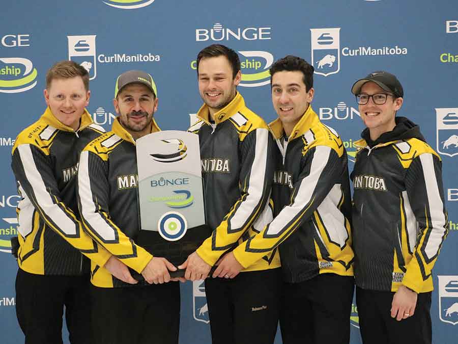 Braden Calvert (left) poses with third Corey Chambers, second Kyle Kurz, lead Brendan Bilawka and alternate Rob Gordon after capturing the Bunge Championship title Sunday in Selkirk. The Heather Curling Club rink claimed its first Manitoba men’s crown with an extra-end win in the final and will represent the province at the Montana’s Brier in St. John’s, N.L.