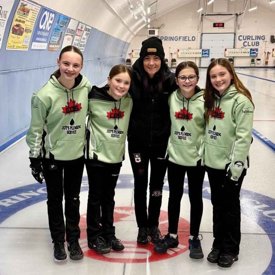 U15 Team Einarson will represent Team East Region in Pool A of the four-person female curling event. Pictured left to right: lead Nadine Jolicoeur, second Kamryn Einarson, coach Kerri Einarson, third Ella Lavorie and skip Khloe Einarson