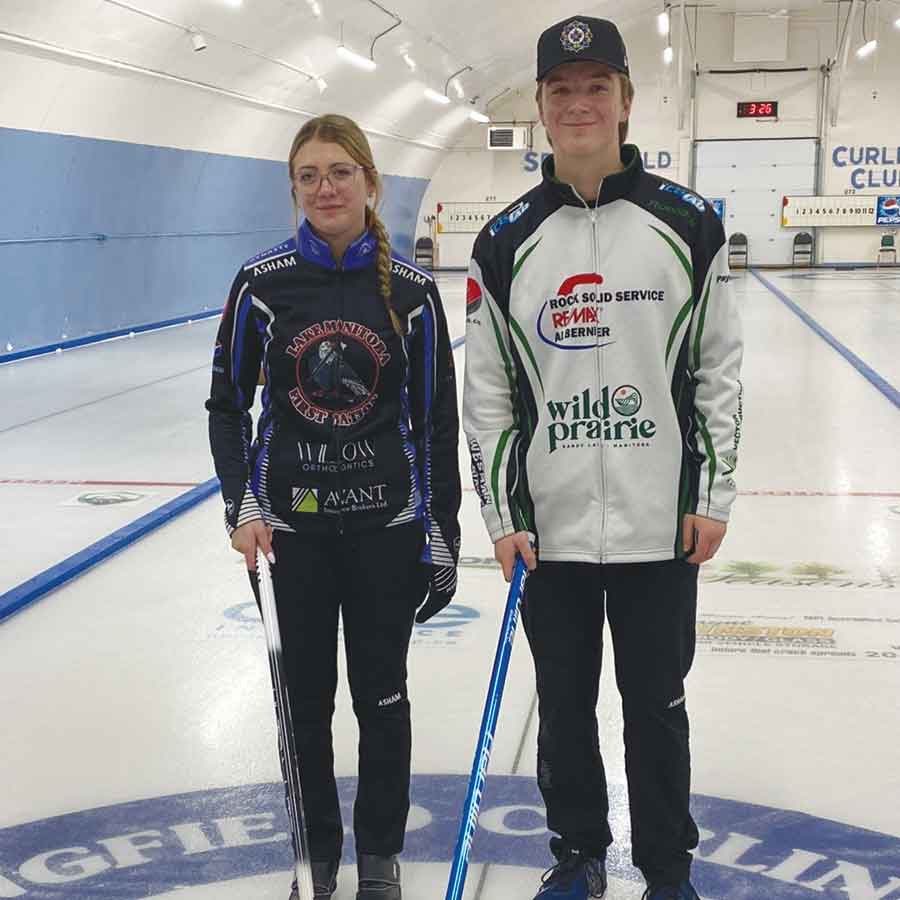 The U18 doubles Team Smith/Kowalchuk: Sierra Smith throws the first and last rocks, and Jake Kowalchuk throws the middle three. The team is coached by Sheldon Kowalchuk