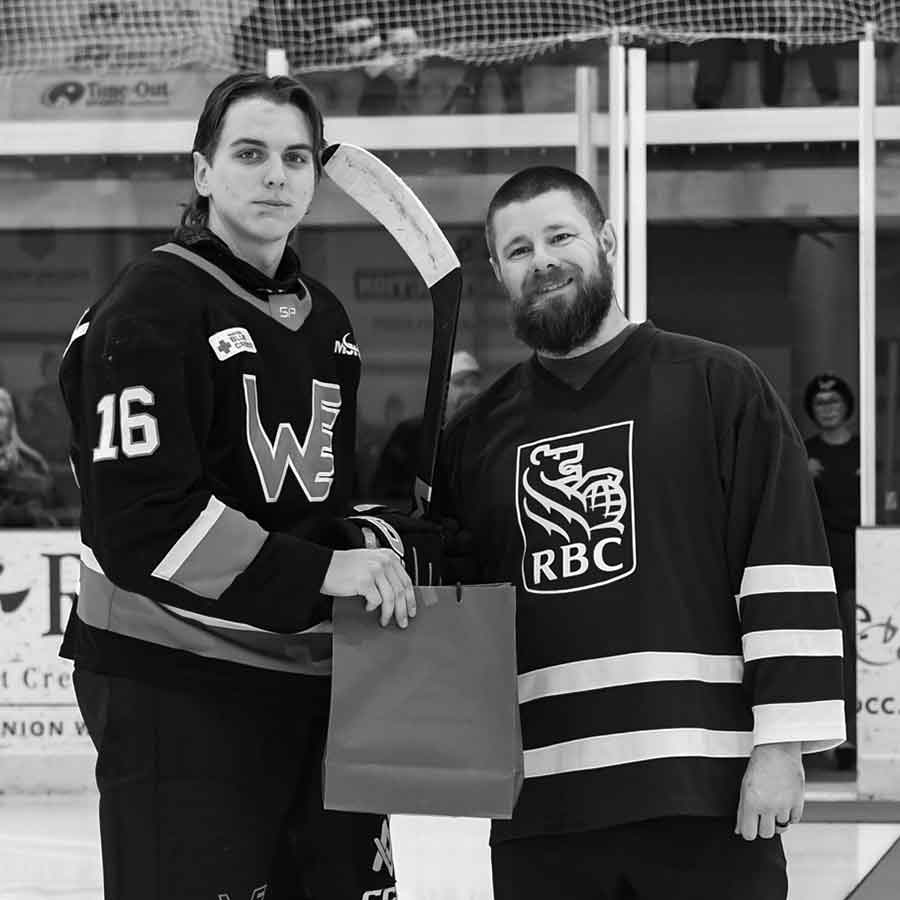 Flyer Jacob Michelson was honoured as RBC’s MJHL Community Ambassador at Friday’s home game. Michelson was recognized for his work in the community, including mentoring younger athletes with Winkler Minor Hockey and through Big Brothers Big Sisters’ floor hockey program and volunteering at the Winkler Food Cupboard and Salem Home. The award comes with a $1,000 donation from RBC to the school of Michelson’s choice: Emerado Centennial School