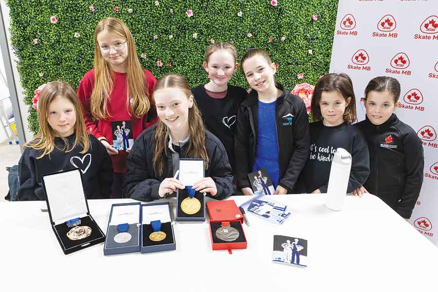 Local skaters enjoyed meeting 2026 Junior World Figure Skating Champion Ava Kemp. Pictured left to right: Molly Kingsley, Sofia Lavrova, Ava Kemp, Clara Kingsley, Ava Yurick, Mya Yurick and Sophia Yurick