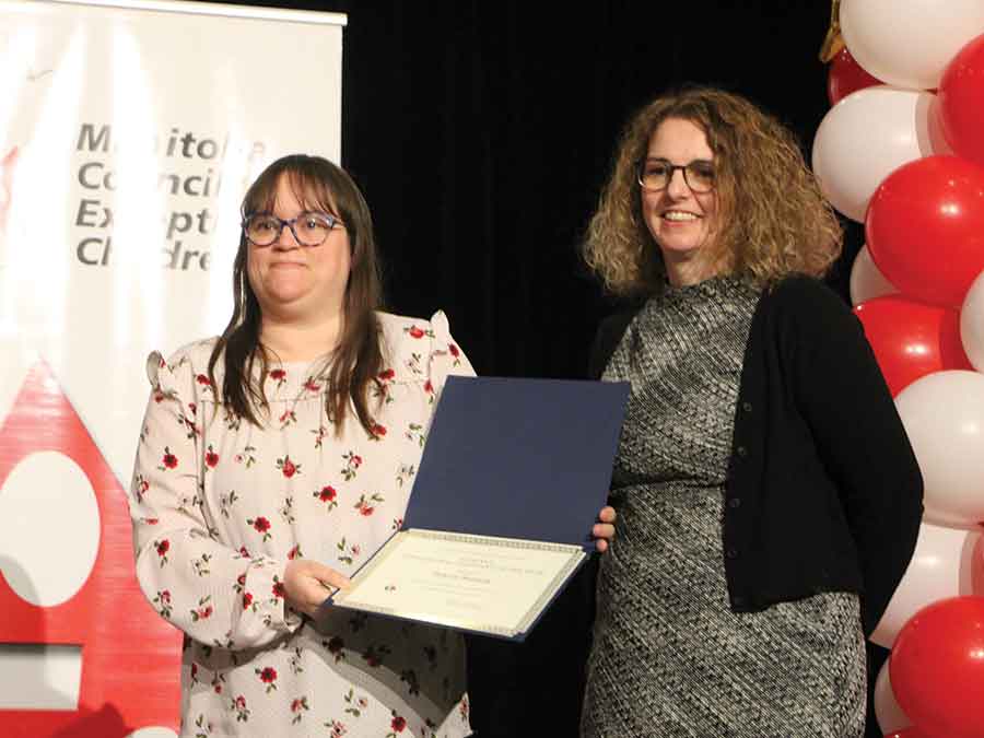 EA of the Year nominee Brandi Roberts with Teresa Hampton, past president Manitoba Council for Exceptional Children